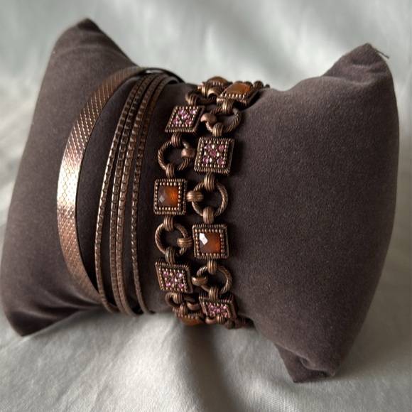 Antique Copper Bracelet Stack Set Unique Design Bangles and Cuff - Picture 4 of 12